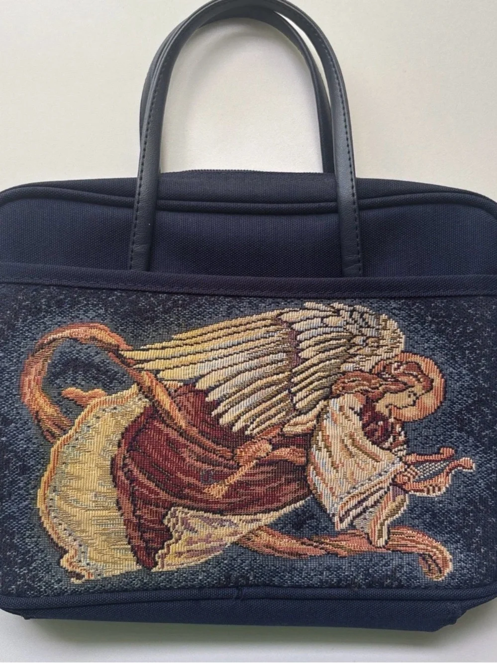Tapestry Angel Bible Bag in Navy with Gold & Brown‎ Embroidery
